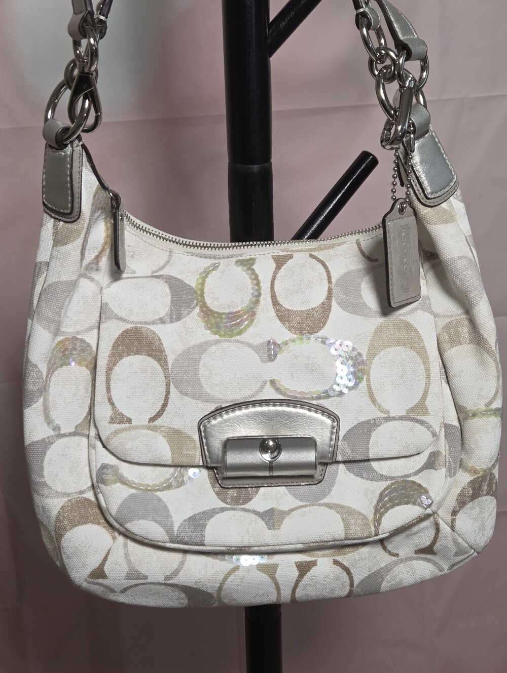 Coach Kristin Ivory Signature Sequin Shoulder Bag with Silver Trim Like New!